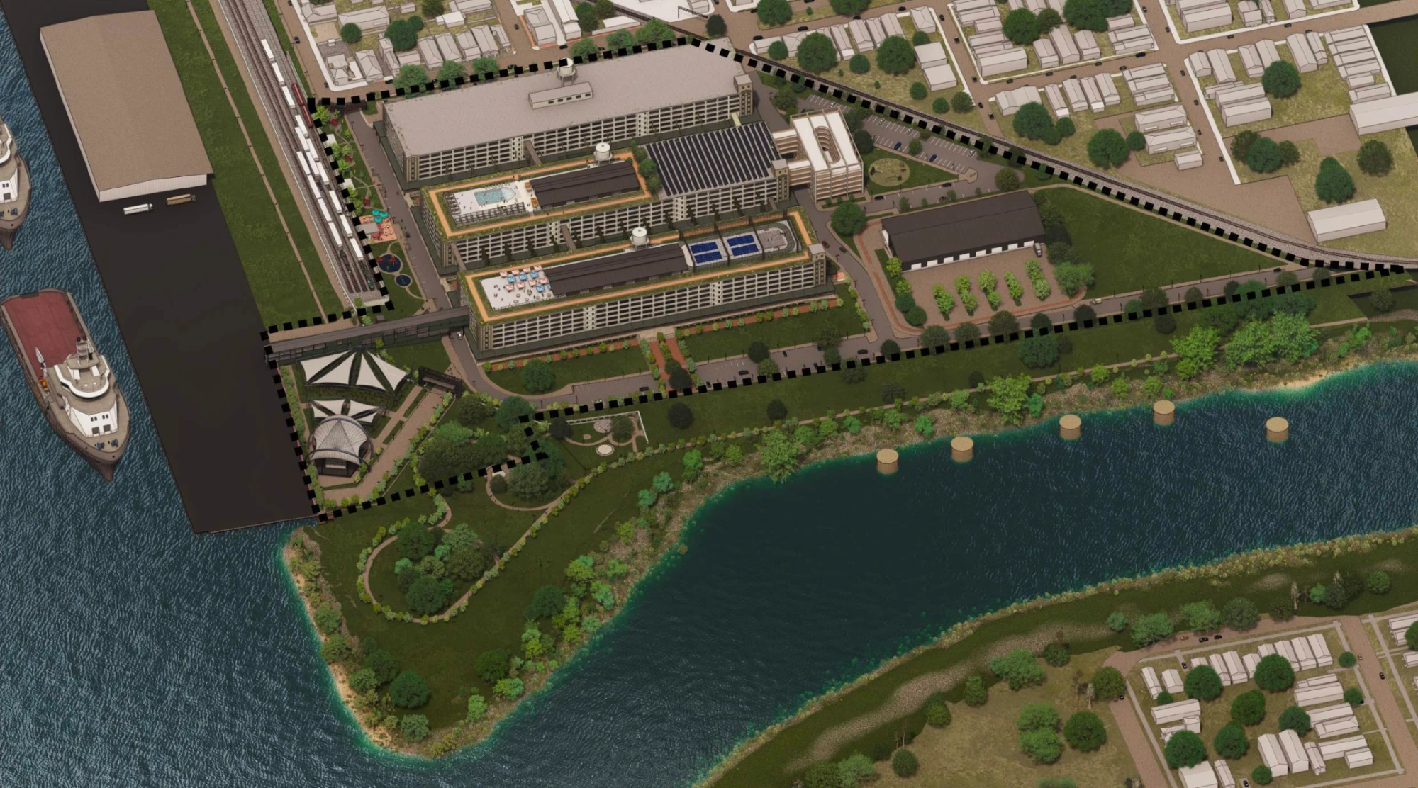 Bywater Navy Yard campus aerial — riverfront and park
