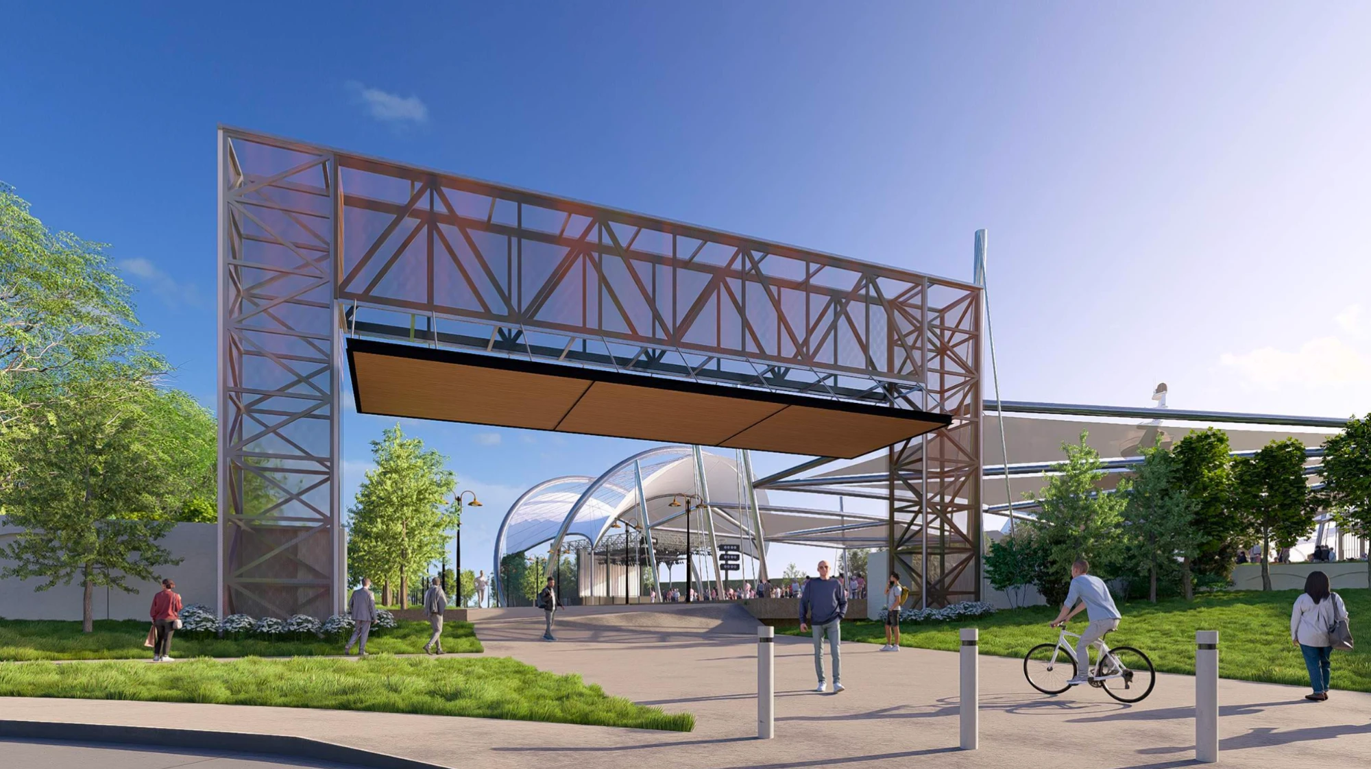 The Shops at Bywater Navy Yard — campus entrance gate and park beyond